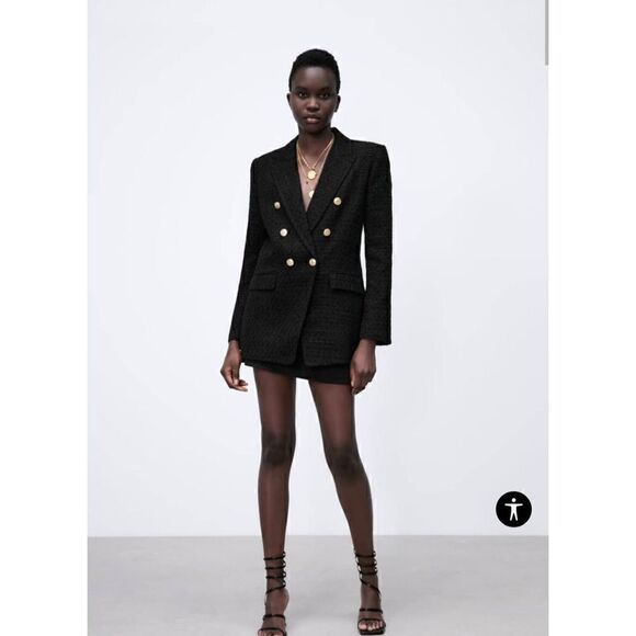 Zara Black Gold Tone Buttoned Textured Weave Double Breasted Blazer sz M Medium - Picture 2 of 10